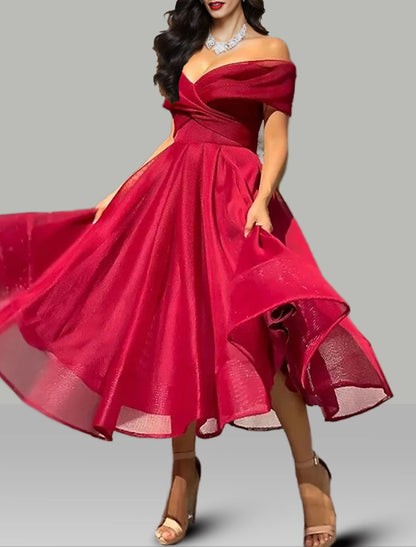 A-Line Prom Dresses Vintage Dress Wedding Guest Tea Length Off Shoulder with Ruched