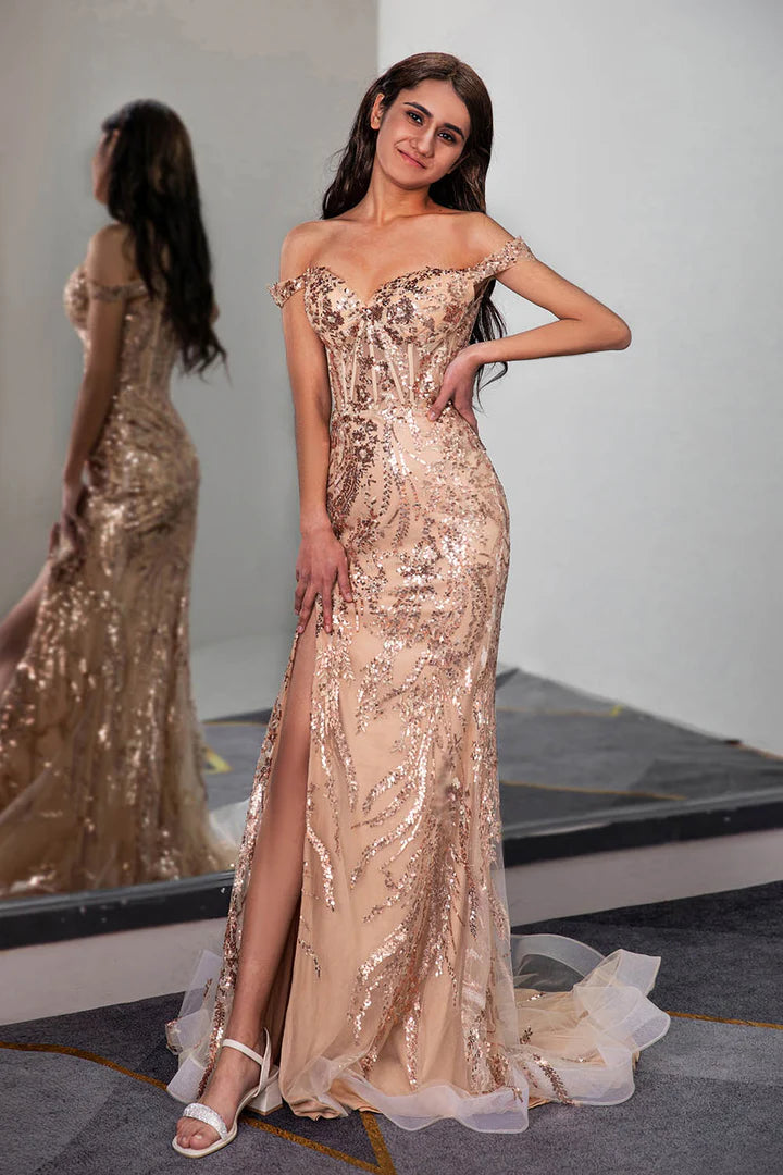 Off the Shoulder Slit Sequins/Sparkling Champagne Corset Prom Dress Court Train Dresses