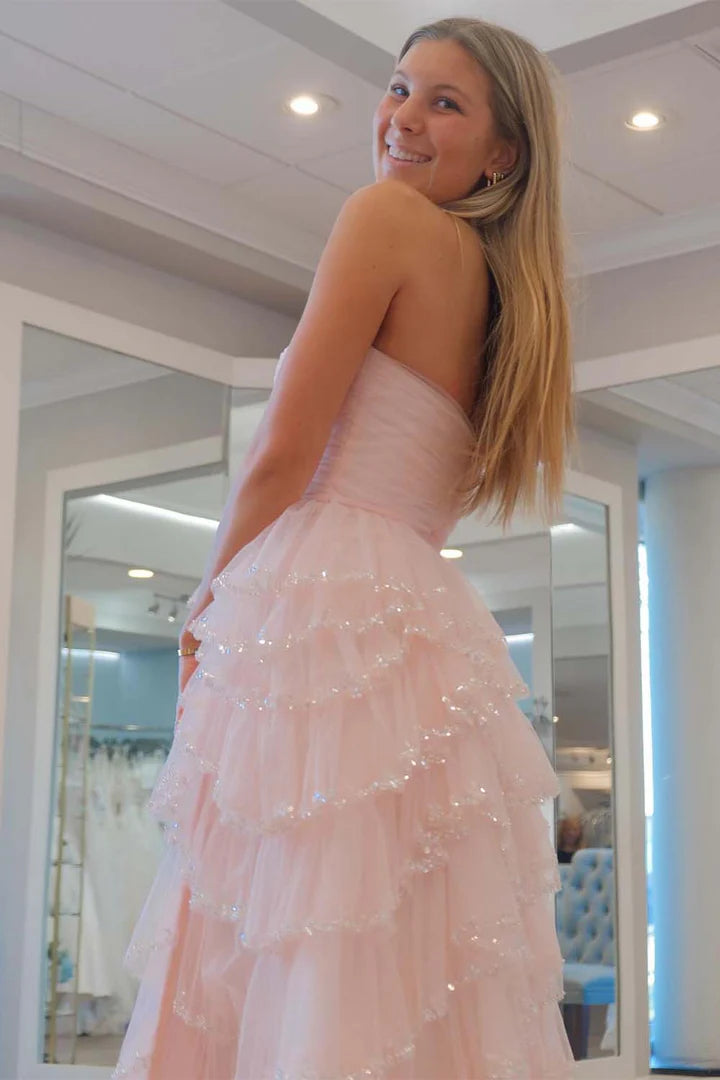 A-Line Princess Sequins/Sparkling Strapless Floor-length Ruffle Tiered Prom Dress