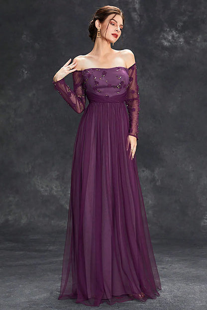 Dark Purple Tulle Off The Shoulder Formal Wedding Guest Dresses with Sleeves