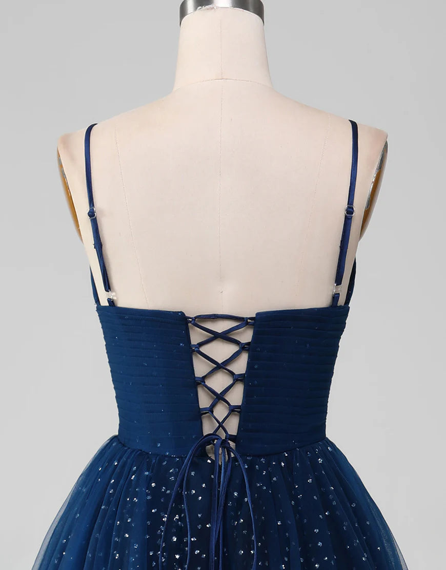 Sequins/Sparkling Navy A Line Long Tulle Prom Dress With Slit