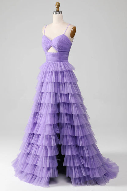 A-Line Princess Purple Tulle Tiered Long Prom Dress with Slit Court Train Dresses