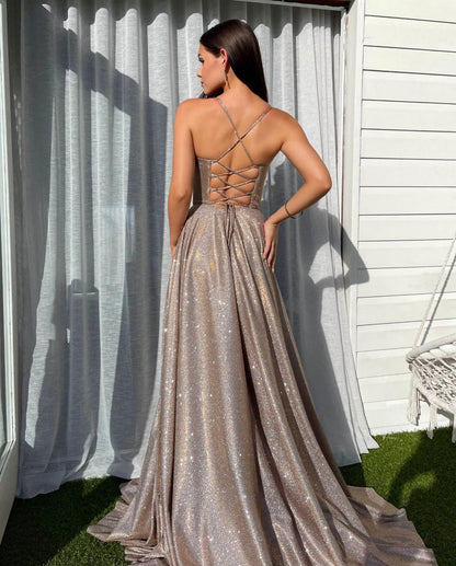 Glitter Spaghetti Strap Backless A-Line Long Prom Dress
