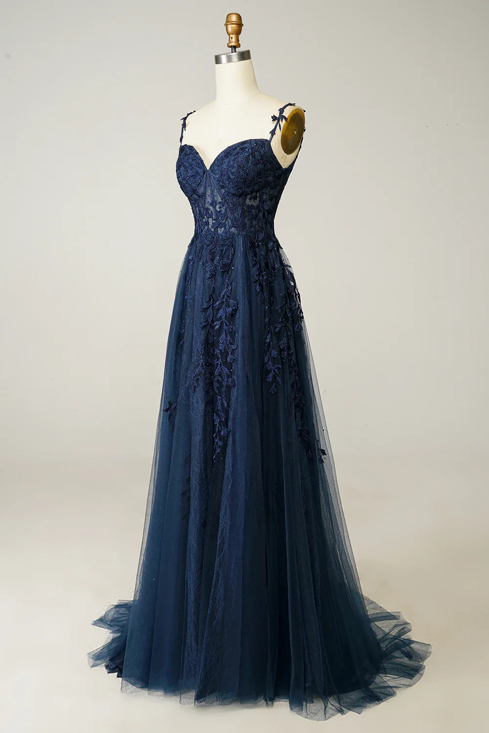 A Line Spaghetti Straps Navy Lace Prom Dress with Appliques Court Train Dresses