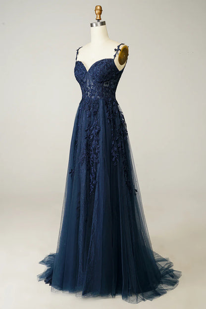 A Line Spaghetti Straps Navy Lace Prom Dress with Appliques Court Train Dresses