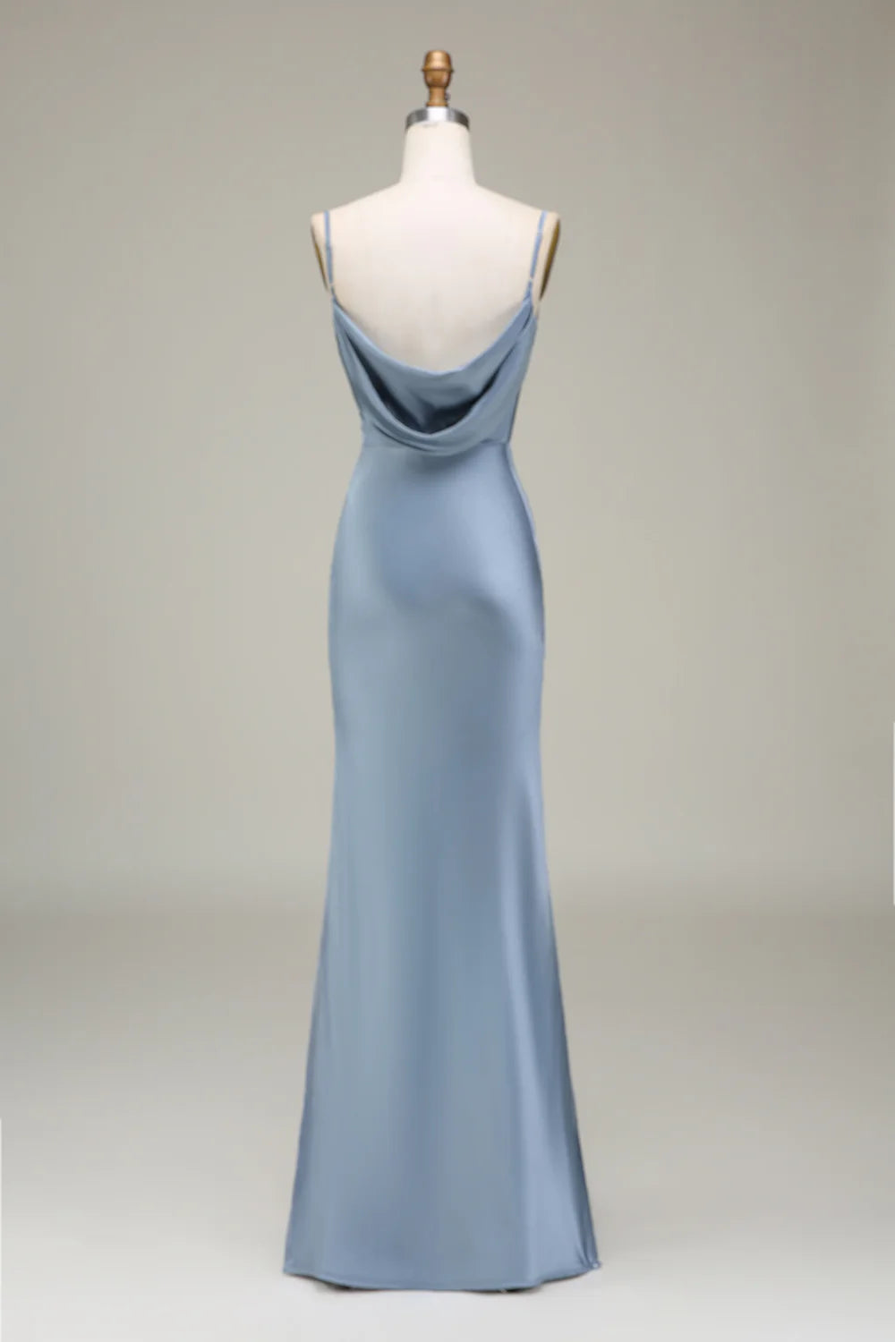 Dusty Blue Sheath Spaghetti Straps Floor-length Satin Bridesmaid Dress Evening Dresses