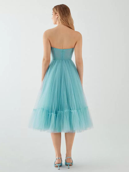 A-Line Princess Evening Dress Short Strapless Tea-Length Sleeveless Pleated Tulle Prom Dresses