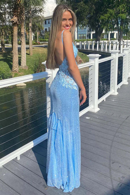3D Flowers Slit Sequin Floor-length Backless Prom Dress