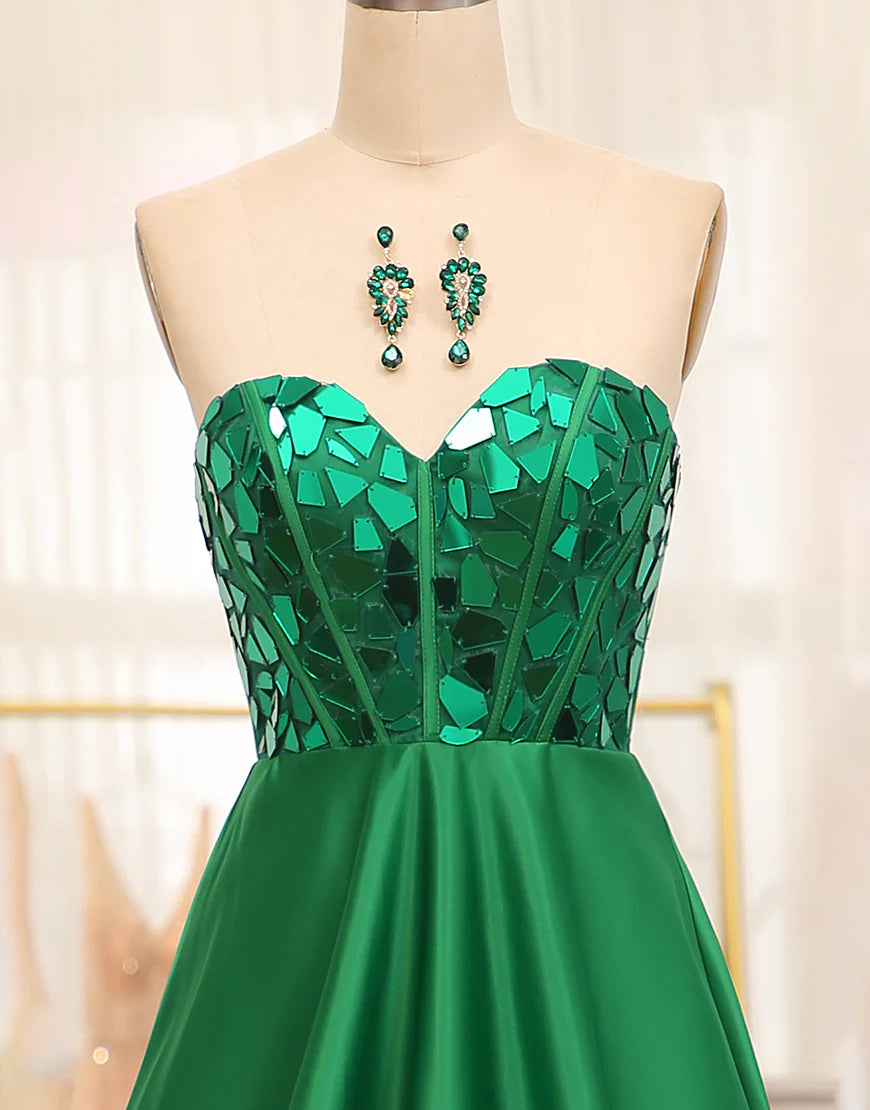 Dark Green A Line Sweetheart Satin Mirror Long Prom Dress