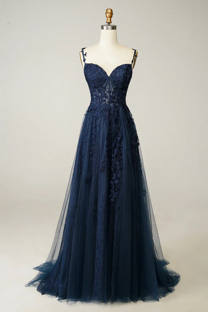 A Line Spaghetti Straps Navy Lace Prom Dress with Appliques Court Train Dresses