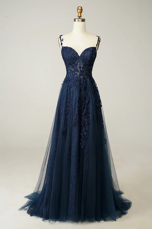 A Line Spaghetti Straps Navy Lace Prom Dress with Appliques Court Train Dresses