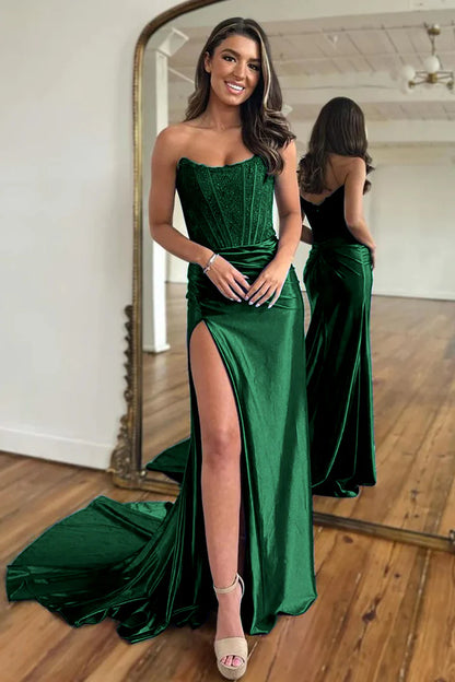 Slit Strapless Corset Satin Prom Dress Sweep/Brush Train Dresses