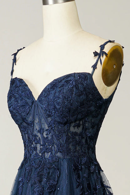 A Line Spaghetti Straps Navy Lace Prom Dress with Appliques Court Train Dresses