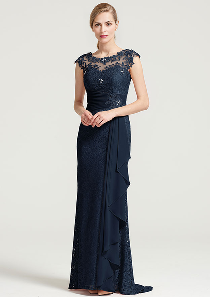 Sheath/Column Bateau Sleeveless Long Lace Dress With Ruffles Appliqued Pleated