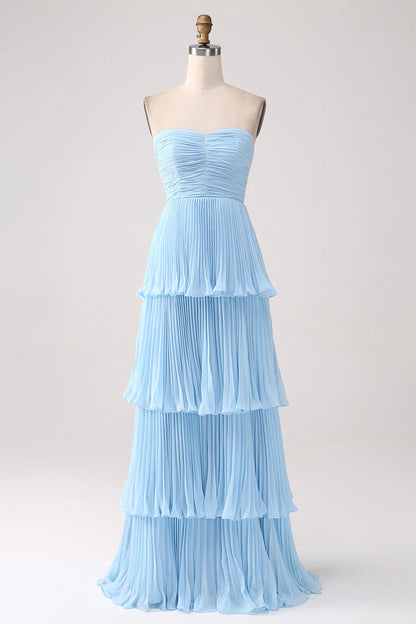 Sky Blue A-line Sweetheart Tier Chiffon Bridesmaid Dress