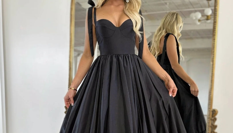 A-Line Sweetheart Neck Taffeta Black Long Prom Dress Evening Dress