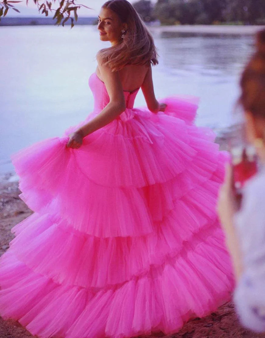Hot Pink Tiered Long Dress High Low Prom Dress&nbsp;