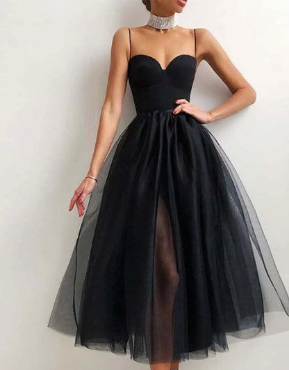 Black A-Line Tulle Simple Sweetheart Prom Dress