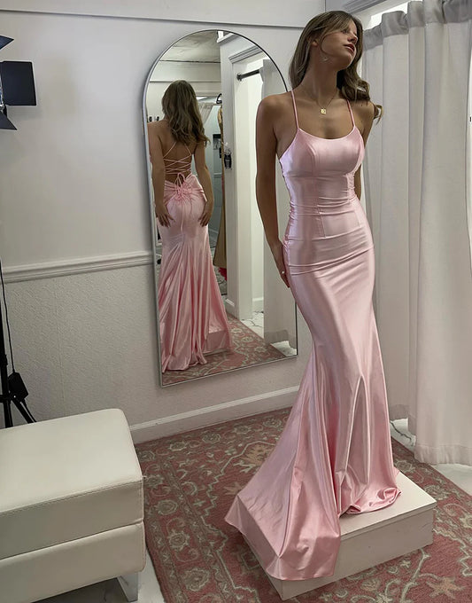 Blushing Pink Mermaid Spaghetti Strap Long Prom Dress