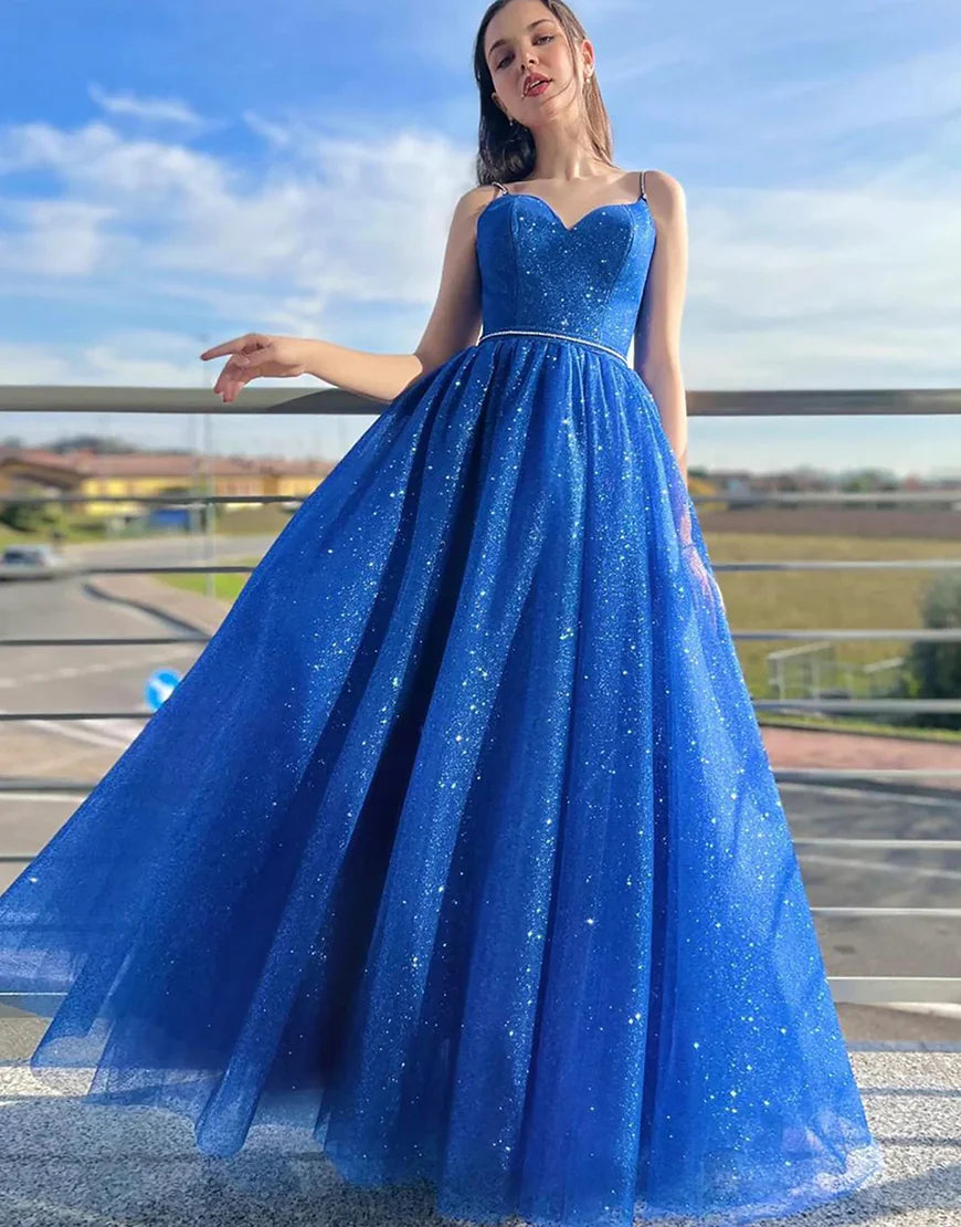 Sequins/Sparkling Royal Blue A Line Spaghetti Straps Long Prom Dress