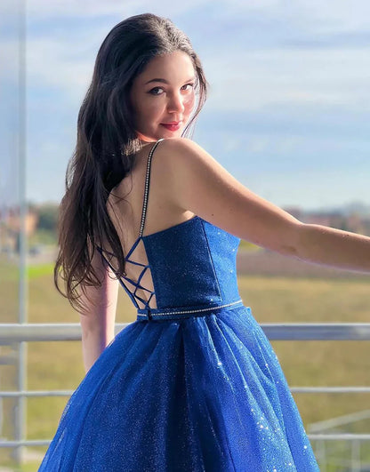 Sequins/Sparkling Royal Blue A Line Spaghetti Straps Long Prom Dress