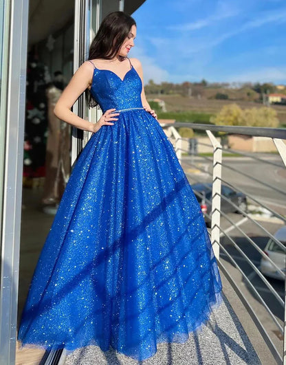 Sequins/Sparkling Royal Blue A Line Spaghetti Straps Long Prom Dress