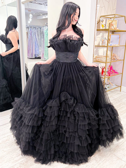 Black Strapless Princess Long Prom Dress Ballgown