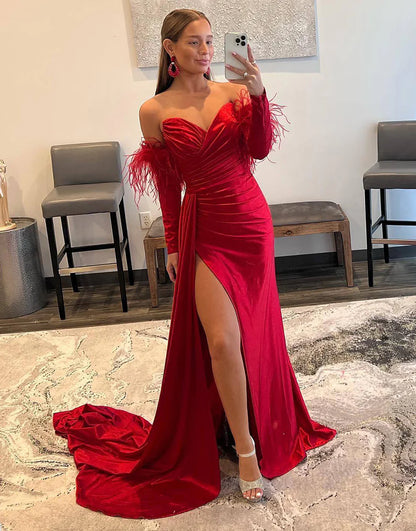 Sweetheart Red Long Prom Dress Sweep/Brush Train Dresses