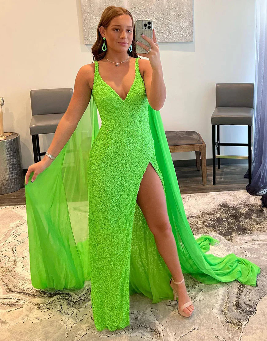 Long Sequin V-Neck Prom Dress With High Slit