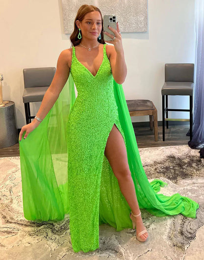 Long Sequin V-Neck Prom Dress With High Slit