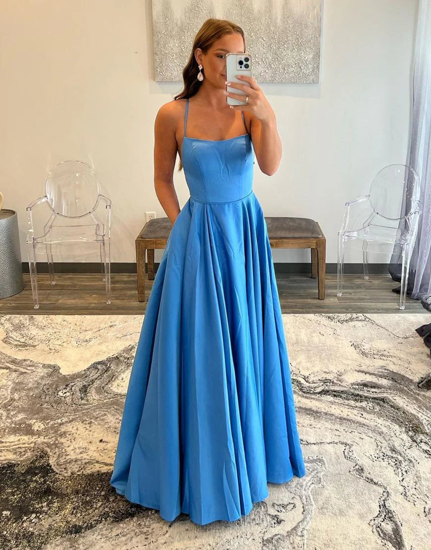 A-Line Simple Dress Blue Spaghetti Straps Backless Prom Dress Slip Dress