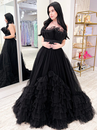 Black Strapless Princess Long Prom Dress Ballgown