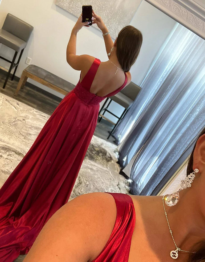 Satin Long Dress Deep V-neck Satin Prom Dress with Split