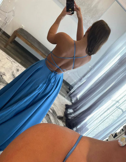 A-Line Simple Dress Blue Spaghetti Straps Backless Prom Dress Slip Dress