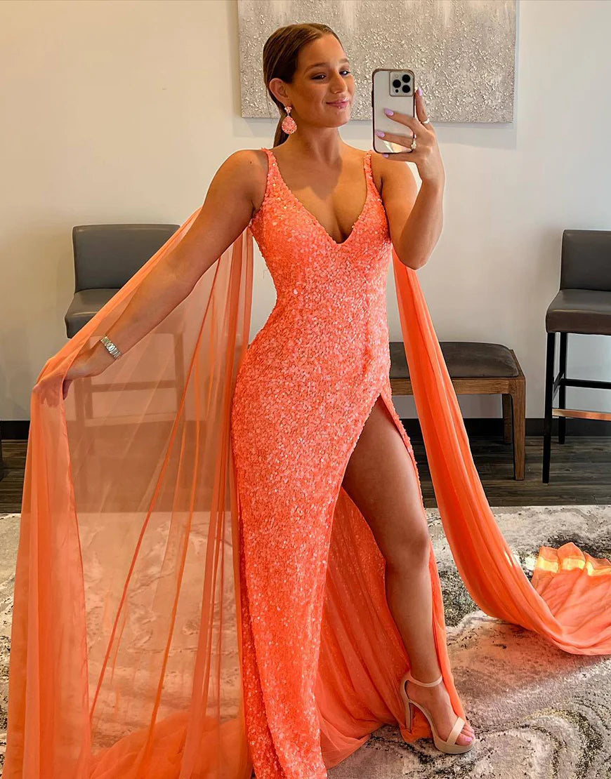 Long Sequin V-Neck Prom Dress With High Slit