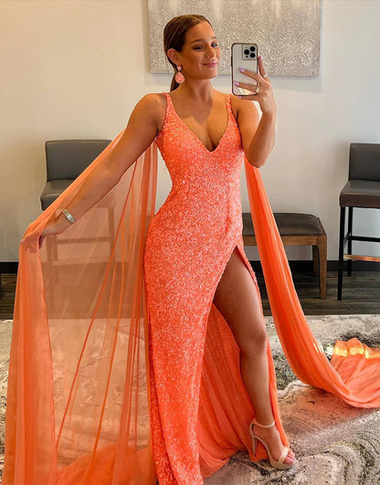 Long Sequin V-Neck Prom Dress With High Slit