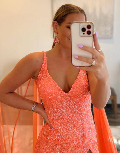 Long Sequin V-Neck Prom Dress With High Slit