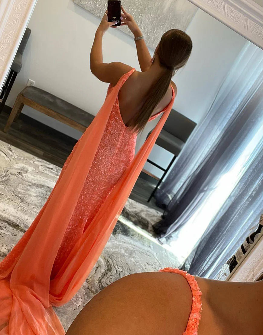 Long Sequin V-Neck Prom Dress With High Slit