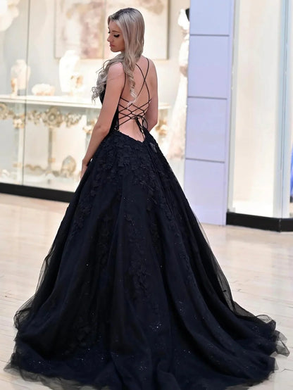 A Line Black Spaghetti Straps Long Dress V Neck Tulle Prom Dress