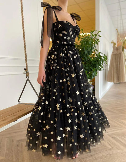 Black Tulle Long Dress Prom Dress Party Dress with Sparkling Stars