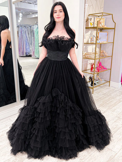 Black Strapless Princess Long Prom Dress Ballgown