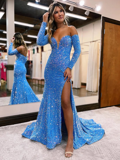 Mermaid Sweetheart Long Sleeves Sequin Prom Dress with Slit Sweep Train Dresses