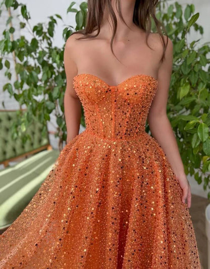 Cute A-Line Orange Glitter Sweetheart Prom Dress