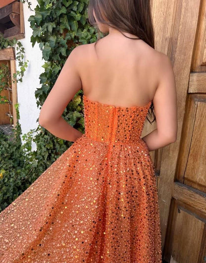 Cute A-Line Orange Glitter Sweetheart Prom Dress