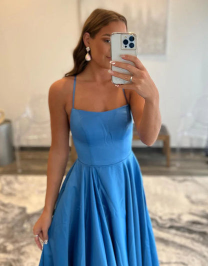 A-Line Simple Dress Blue Spaghetti Straps Backless Prom Dress Slip Dress