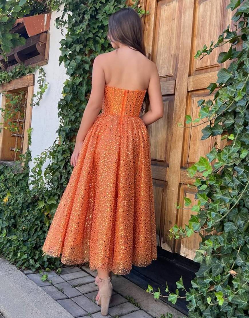 Cute A-Line Orange Glitter Sweetheart Prom Dress