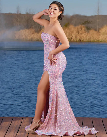 Sequins/Sparkling Strapless Tight Pink Prom Dress with Split