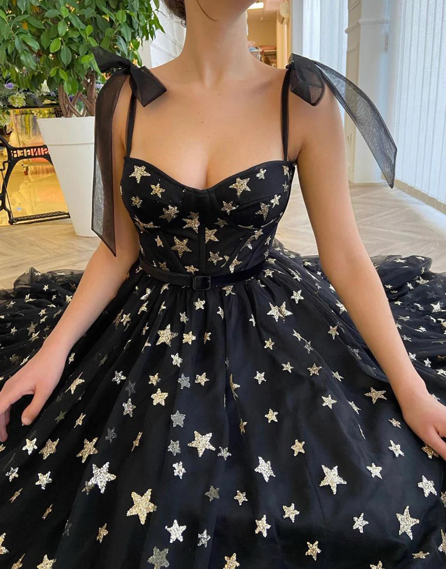 Black Tulle Long Dress Prom Dress Party Dress with Sparkling Stars