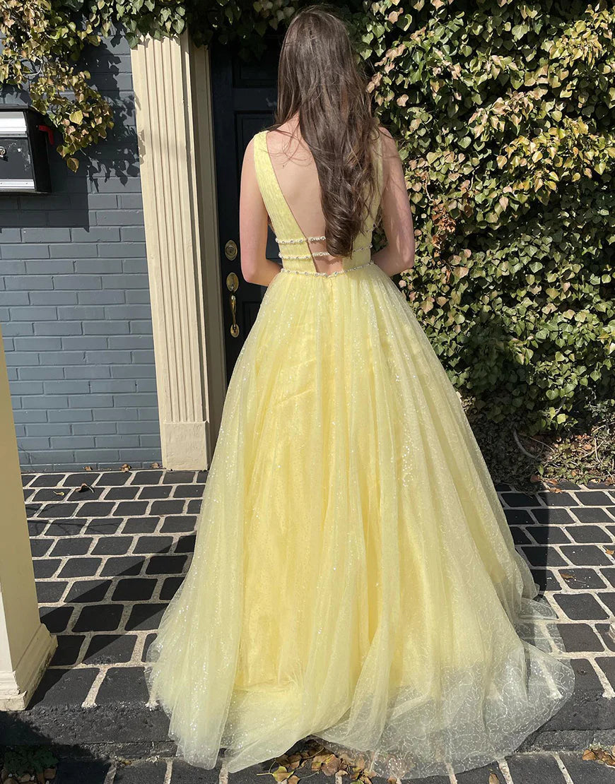 Daffodil Long Dress Backless Tulle V-Neck Prom Dress