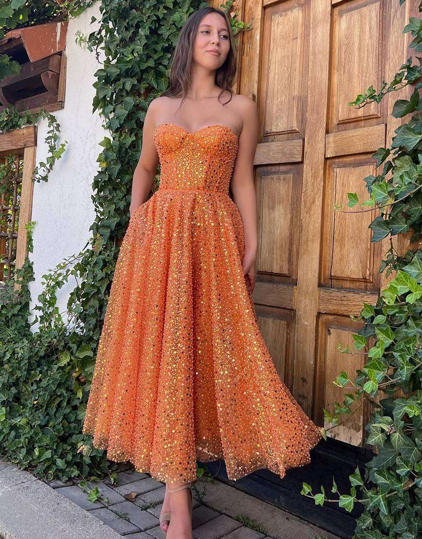 Cute A-Line Orange Glitter Sweetheart Prom Dress